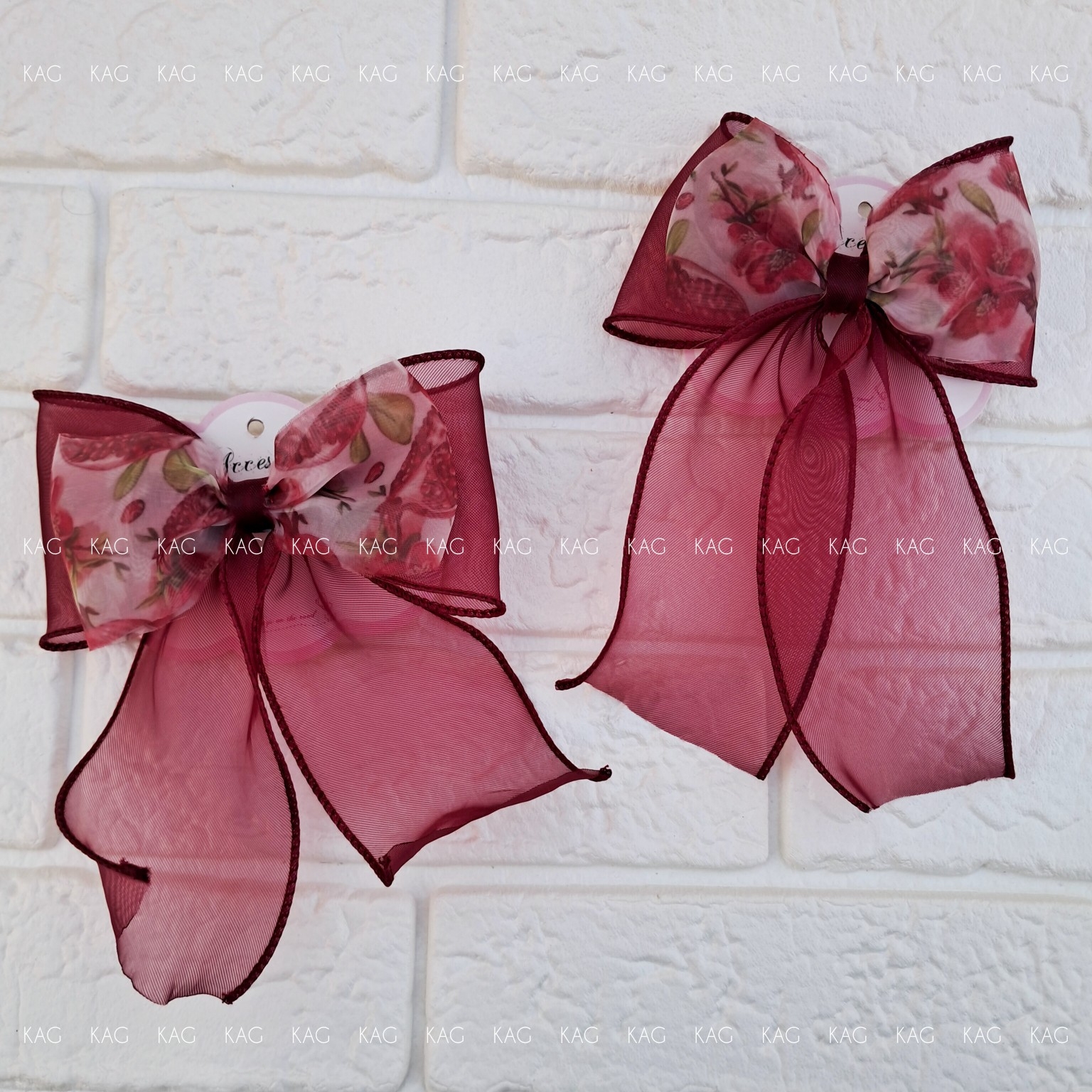 گیره پاپییون حریر دنبال دار زرشکی طرح انار یلدایی