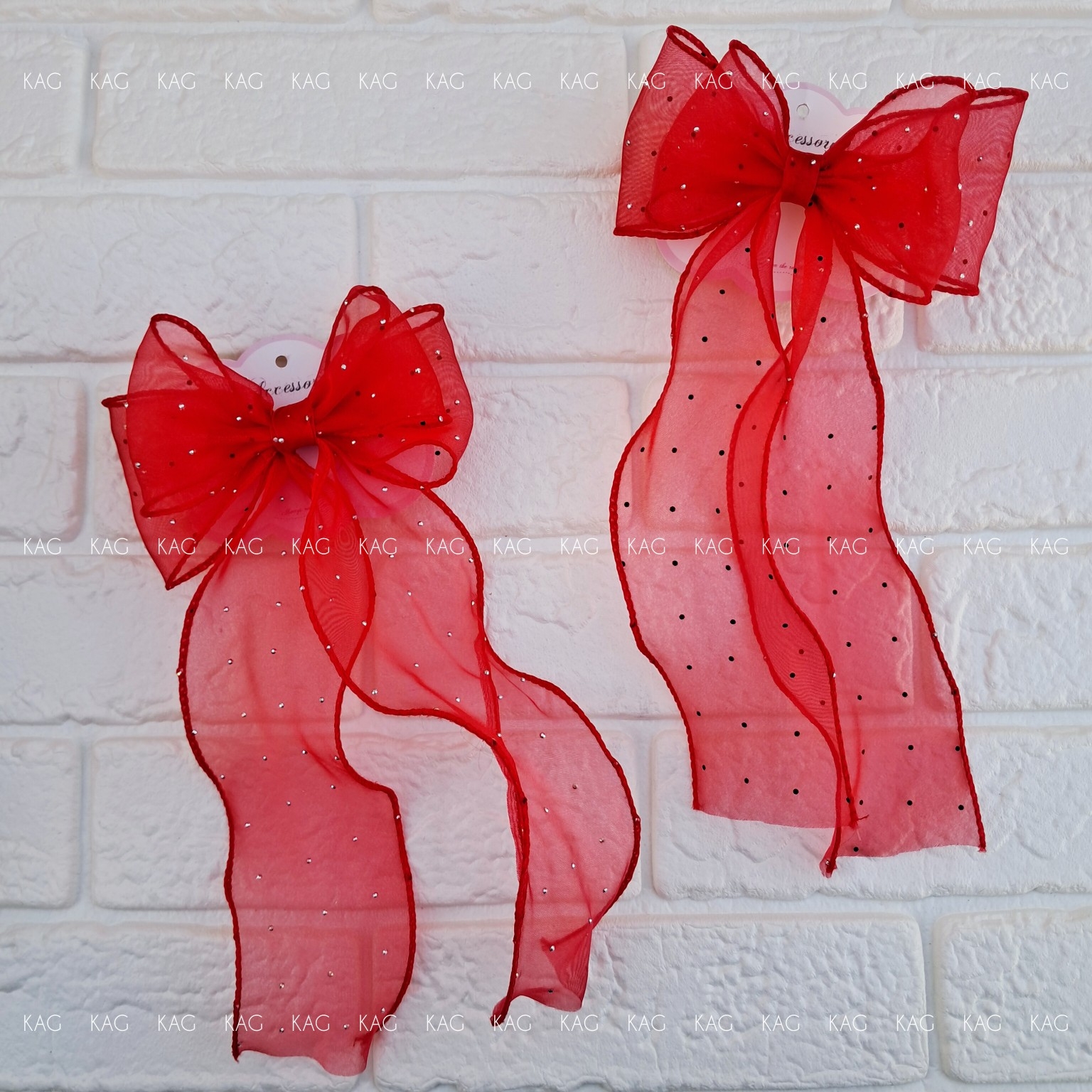 گیره پاپیون حریر دنباله دار نگین دار قرمز