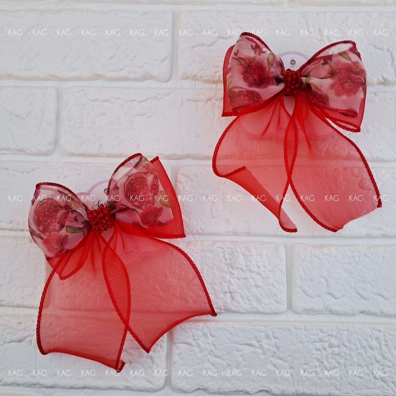 گیره پاپیون حریر دنباله دار نگین دار طرح انار یلدایی